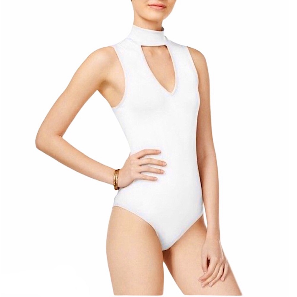 no comment Knit Stretchy White Chocker Cut Out Mock Neck Sleeveless Bodysuit M